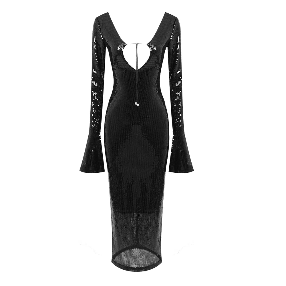 BEVENCCEL Sexy Luxury Sequins Deep V Long Sleeve Backless Sequins Long Dress Elegant Bodycon Maxi Evening Party Clubwear Dress