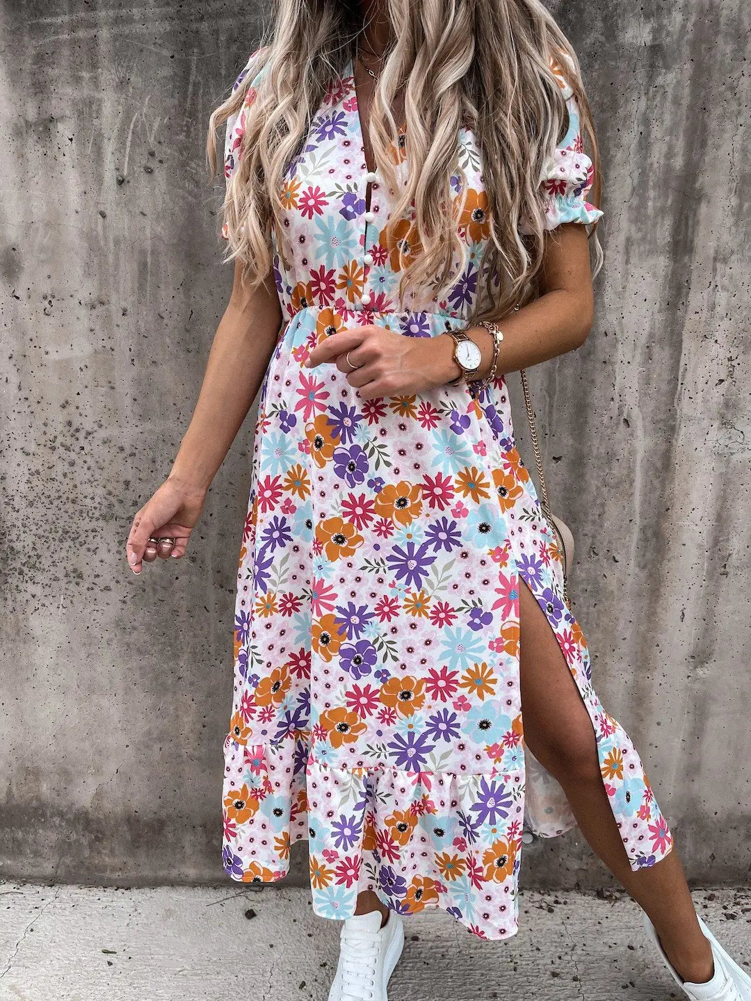 Summer Floral Print Dress Women V Neck Side Slit Long Dress Elegant Short Sleeve Button Slim Spring Female Party Dress Vestidos