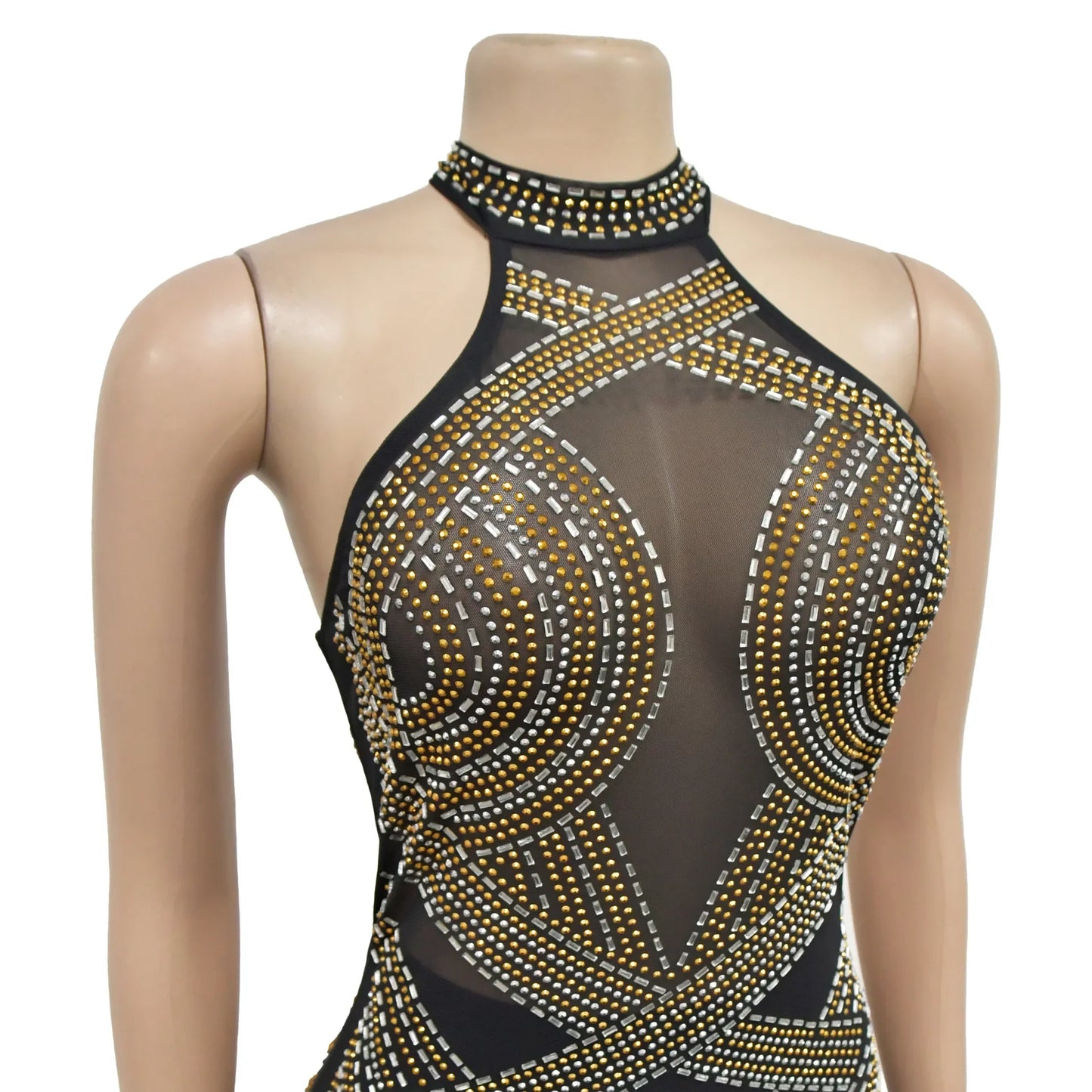 Fashion Women's Wear Solid Color Mesh Hot Rhinestone Halter Maxi Dress Sleeveless Formal Evening Long Dress Skinny Slim