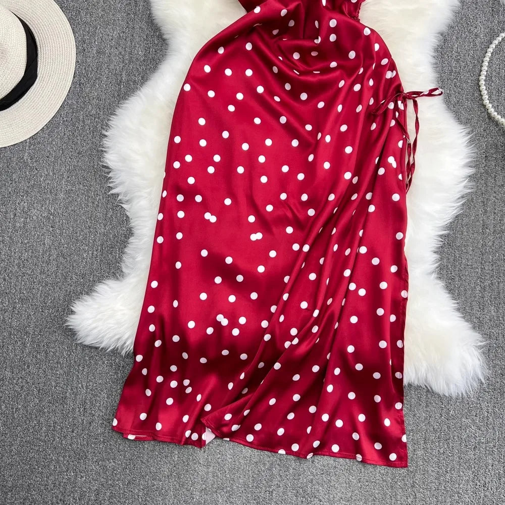 YuooMuoo Chic Polka Dot Camisole Dress for Women 2024 Summer Sexy High Split Drawstring Vacation Beach Long Dress Party Vestidos