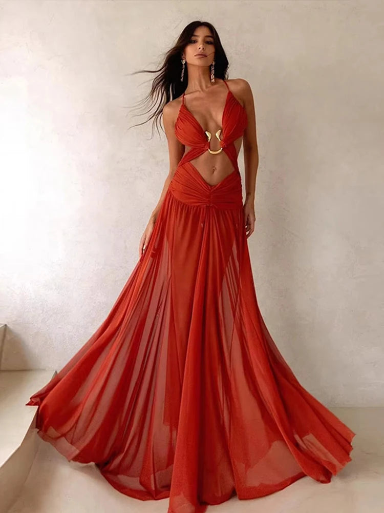 Metal Decorative Halter Long Dress Woman Hollow Out Backless Solid Color Pleated Robe Vacation Beach Women's Perspective Dresses