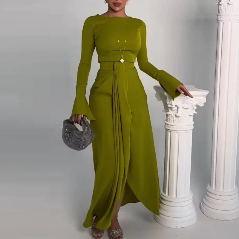 2024 Casual Solid Prom Dress Elegant O Neck High Waist Pleated Commuter Dress New Autumn Fashion Flared Sleeve Split Long Dress