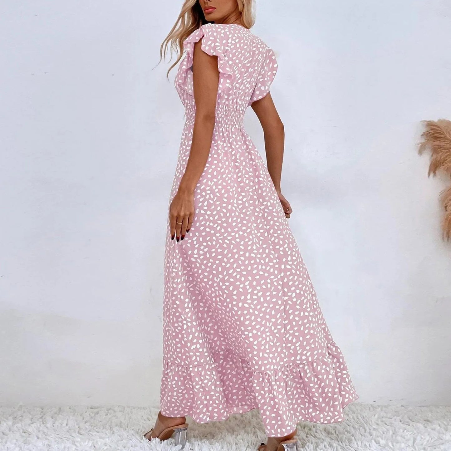 Polka Dot Dress For Women Sexy V-Neck Long Dress Casual And Fashionable Ruffle Edge Short Sleeved High Waisted Dress