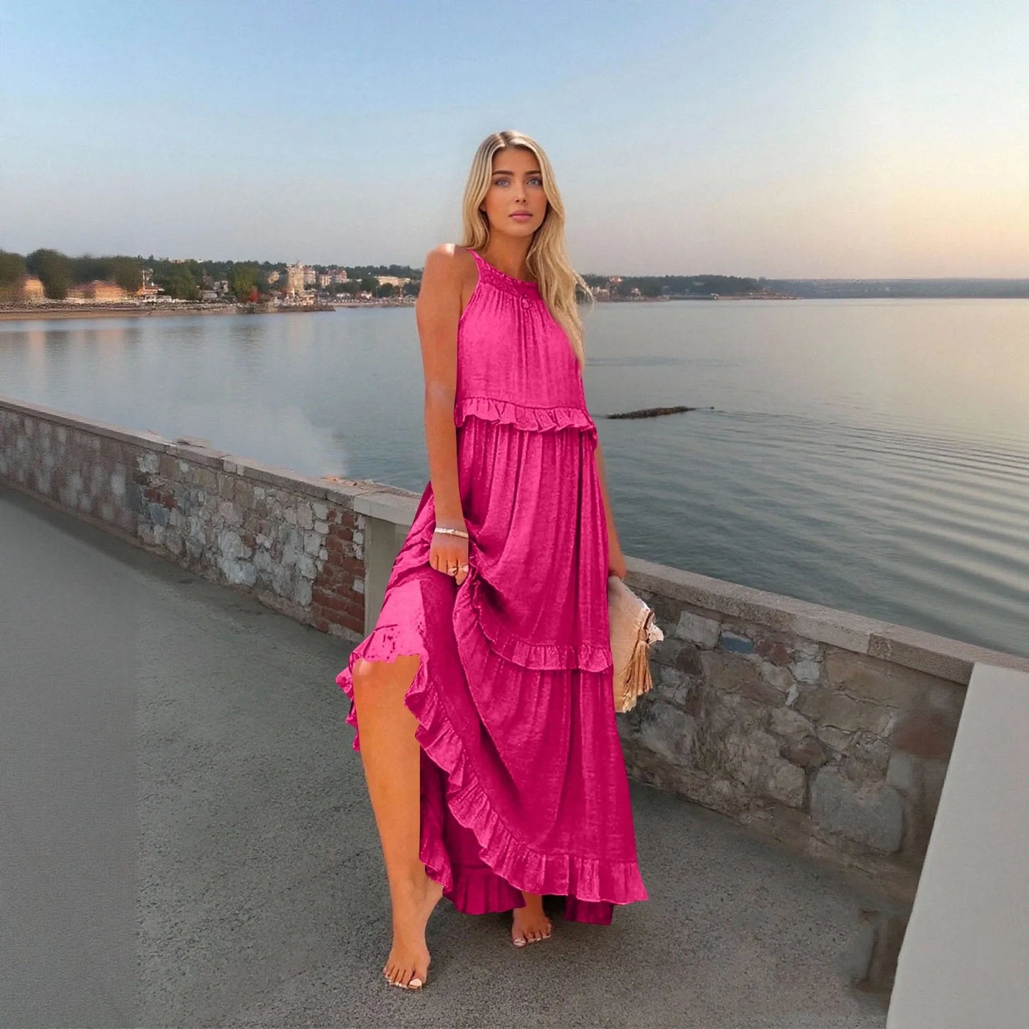 Women's Ruffled hem layered long dresses Summer Sleeveless backless dress Fashion Long Dress Big Swing Beach Dress vestidos