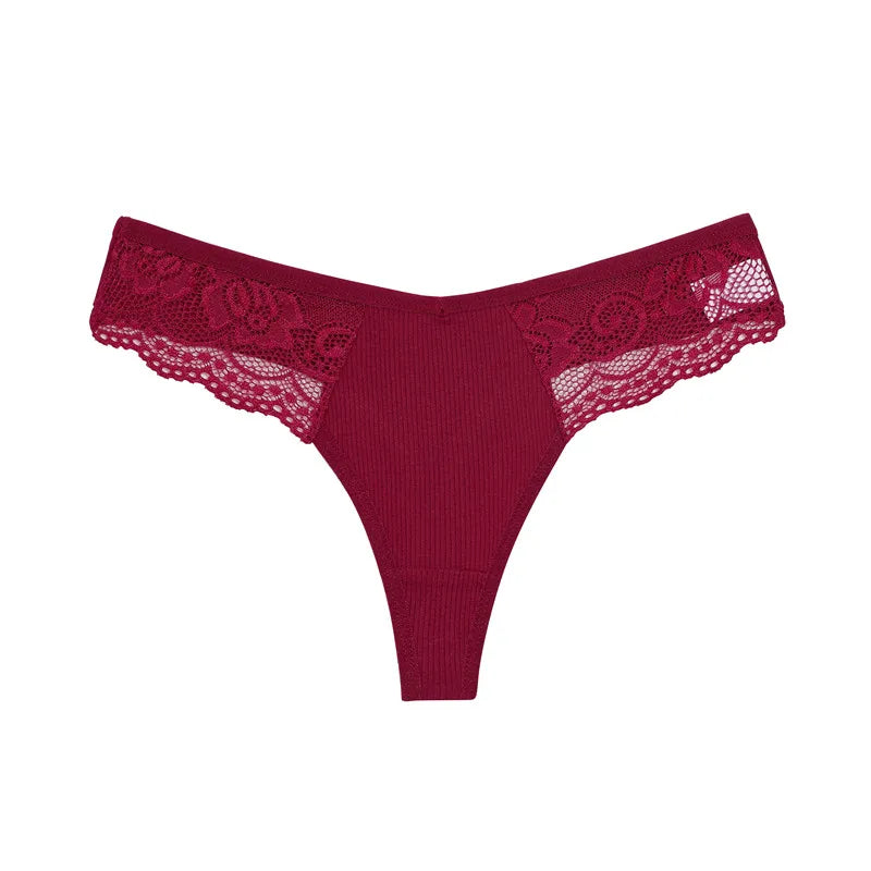 FINETOO 8Pcs Women's Cotton Underwear Lace Thongs Sexy Solid Color Low Waist Bikini Panties Ladies Breathable G-string Lingerie