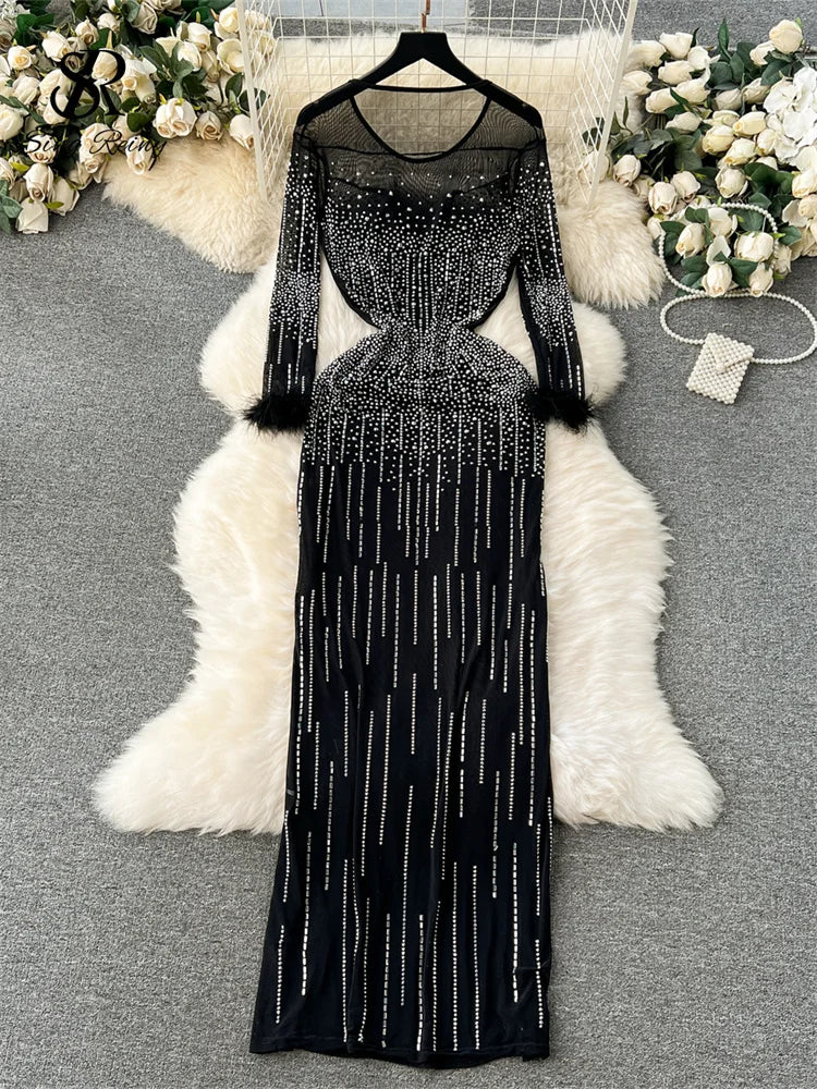 SINGREINY 2024 New Fashion Bodycon Long Dress Europen O Neck Long Sleeve Feather Female Senior Mesh Transparent Diamonds Dress