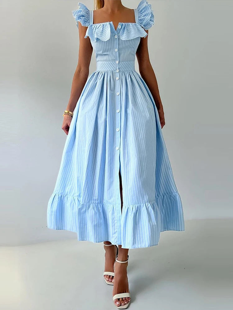Flying Sleeve Ruffle Striped Slip Long Dress Women Elegant Square Collar Waist Cinching Pleat Party Dresses Chic Ladies Vestido