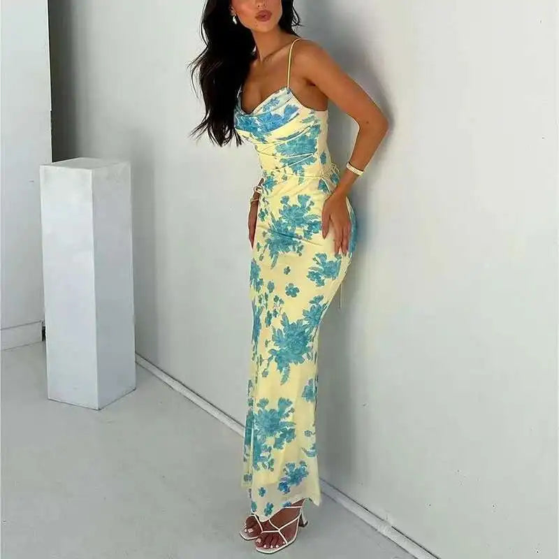 Avrilyaan Pile Collar Print Backless Sexy Dress Women 2024 Elegant Holiday Casual Dress Bodycon Summer Maxi Long Dress Vestido