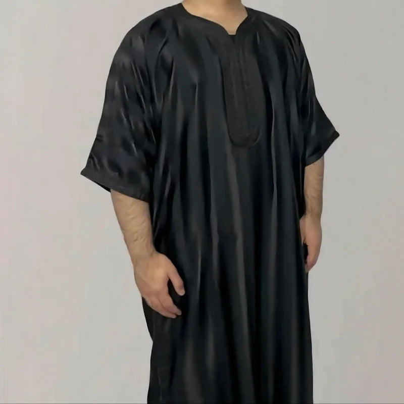 2024 Dark Green Color Loose Lce Feeling Arab Robe Loose Casual Muslim Men's Robe Middle Eastern Casual Embroidered Robe