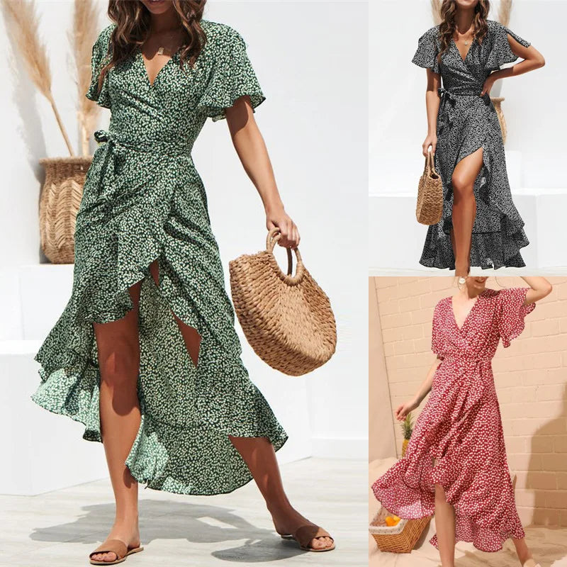 Women Summer Dresses Bohemian Sexy V-Neck Irregular High Waist Lace-up Chiffon Print Dress Casual Beach Long Dress