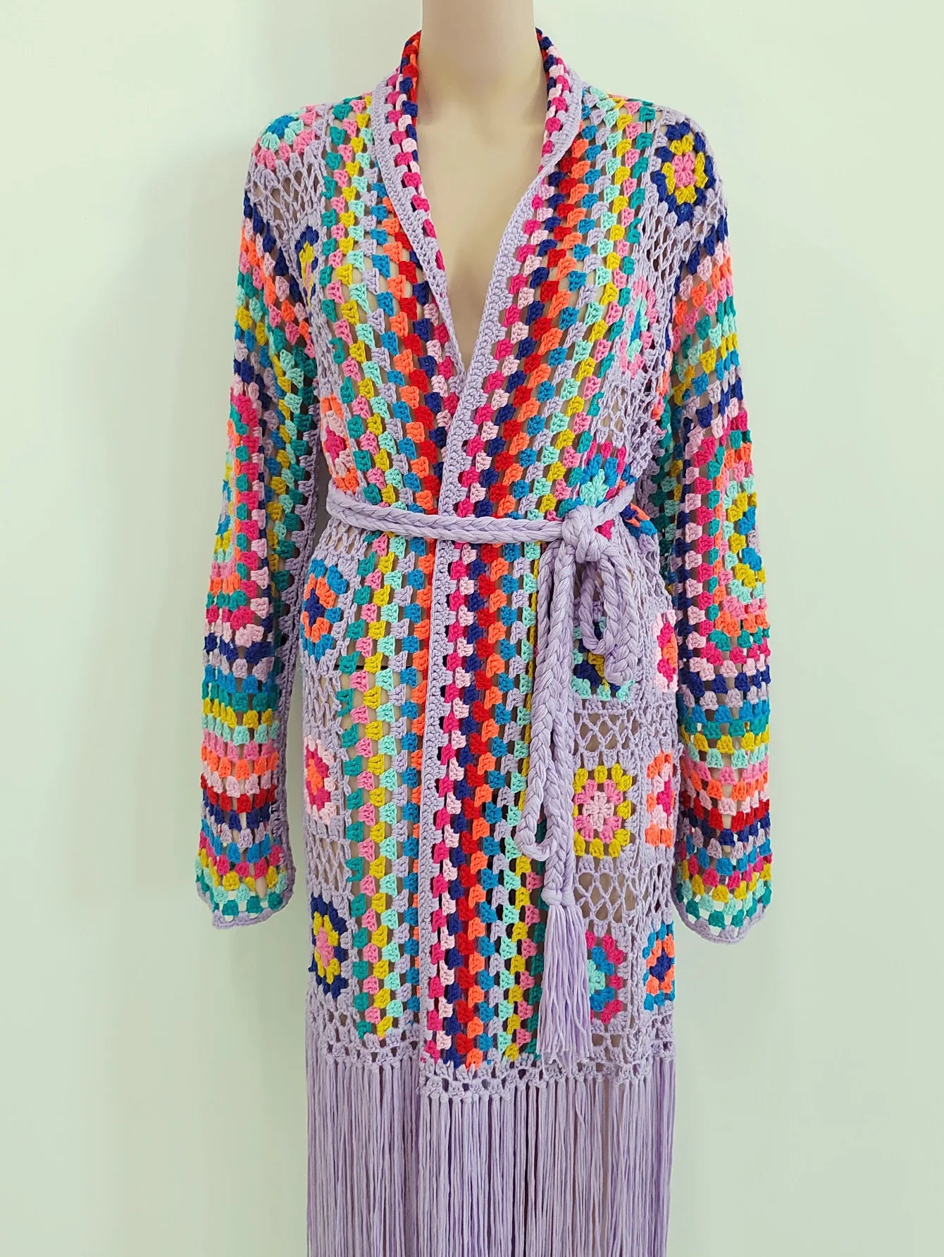 Crochet Knitted Women Cardigan Cover Ups Tassel Plaid Long Coat Bohemian 2023 Summer Beach Bikini Covers Sexy Hook Vestidos