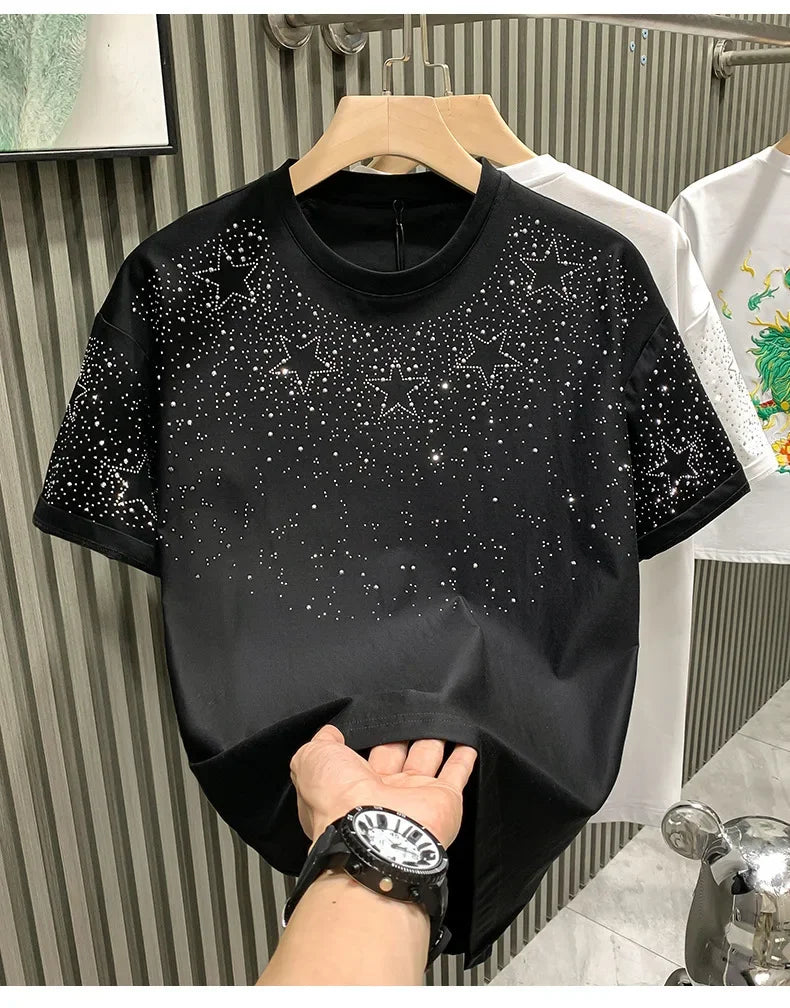 Fashionabletrendy European Style Luxury Men's Short Sleeve T-shirt Star Embroidery Network Red Hot Sell Niche Half Sleeve Tee
