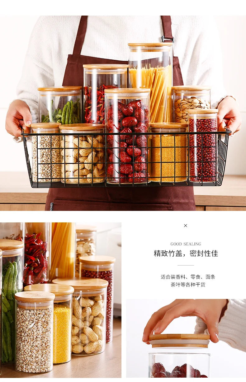 Kitchen Storage Tank Food Container Bambo Covered High Borosilicate Food Sealed Glass Tank Kitchen Miscellaneous Grain Organizer