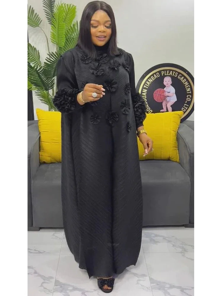 ANLAN Miyake Pleated Maxi Long Dress 3D Flower Splicing Lantern Sleeve Half Turtleneck Formal Dresses for Women 2025 New 5AN9928