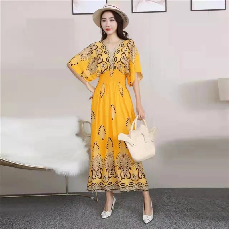 V-neck Large Skirt Hem Casual Sweet Holiday Long Dress Bat Sleeves Elastic Waist Bohemian Print Floral Elegant Dresse For Women