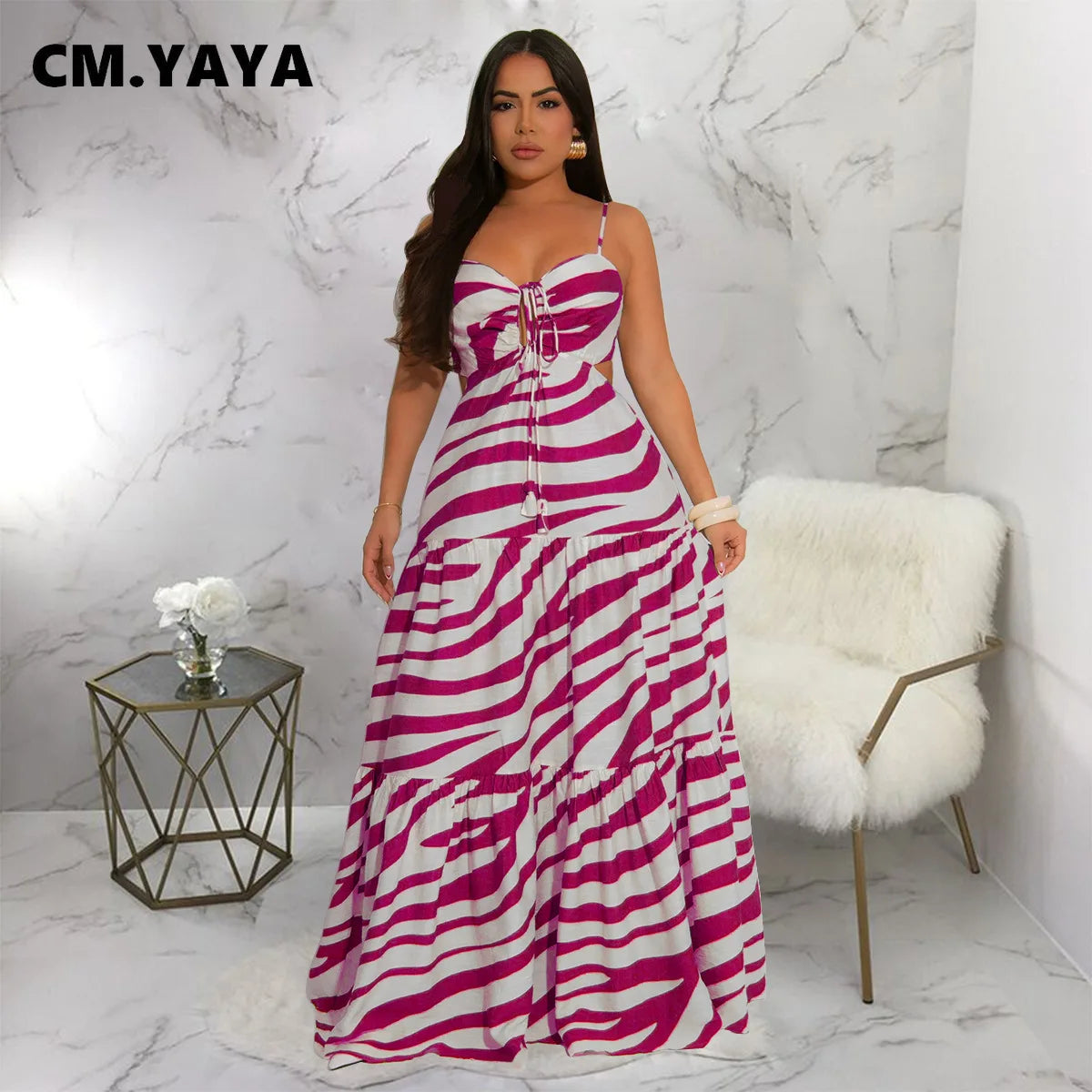 CM.YAYA Printed Women Strap Sleeveless Backless Long Dress 2025 Birthday Beach Evening Sexy Night Party Maxi Dresses Vestidos