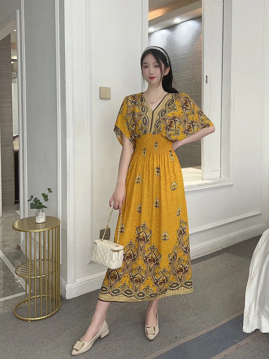 V-neck Large Skirt Hem Casual Sweet Holiday Long Dress Bat Sleeves Elastic Waist Bohemian Print Floral Elegant Dresse For Women