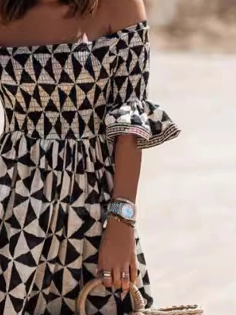 Women's One Line Neck Off Shoulder Elegant Printed Waist and Ankle Long Dress Women's Fashion Dress