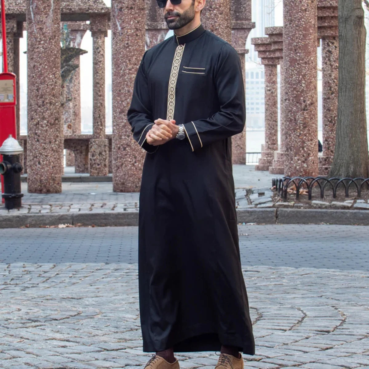 Long sleeve embroidered stand collar thobe, Muslim Arab men's robe
