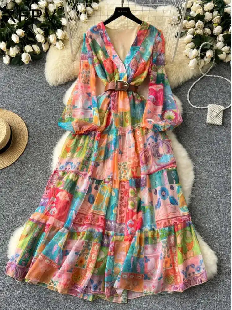 XFPV 2025 Spring New Fashion High-end V-neck Lantern Sleeves High Waist Print Swing Ruffle Edge Chiffon Long Dress Women SM11517