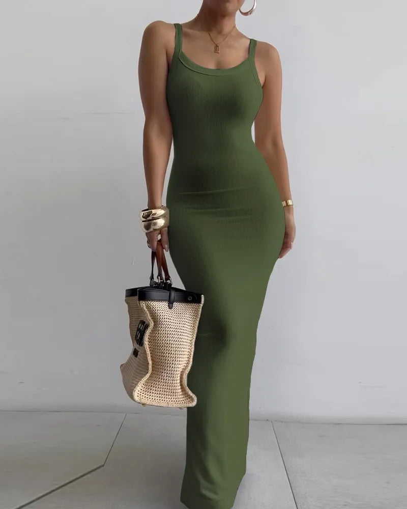 Dresses For Women 2024 Sexy Spaghetti Strap Color Printed Long Dress Evening Y2k Sleeveless Solid Skinny Bodycon Maxi Vestidos