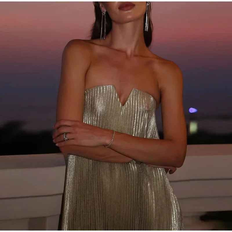 Elegant Pleat Long Dress Women Loose Tube Top Shiny Backless Sleeveless Dresses Female 2025 Summer Lady Party Evening Robes