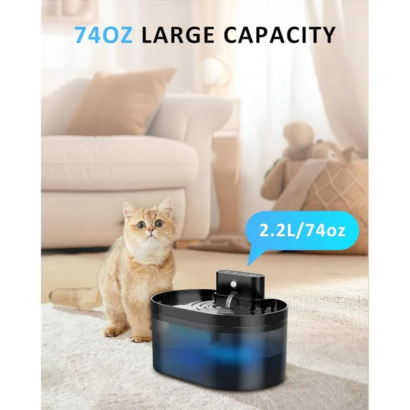 Pet Water Fountain Battery Operated 2.2L Automatic pet Dispenser,Rechargeable Drinking Fountain for Cats with Motion Sensor