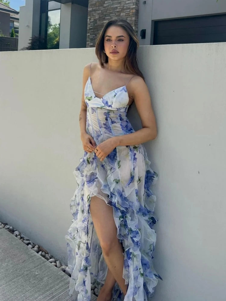 Summer Women Sleeveless Colorful Floral Printing Beach Long Dress Sexy Spaghetti Straps Backless Ruffles Split Dresses Holiday