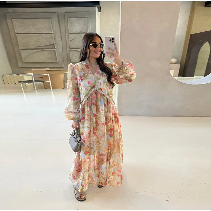 Fashion Print V-neck Women's Maxi Dresses Elegant Pleated Long Sleeve Loose Long Dress Female Summer Chic Casual Holiday Party
