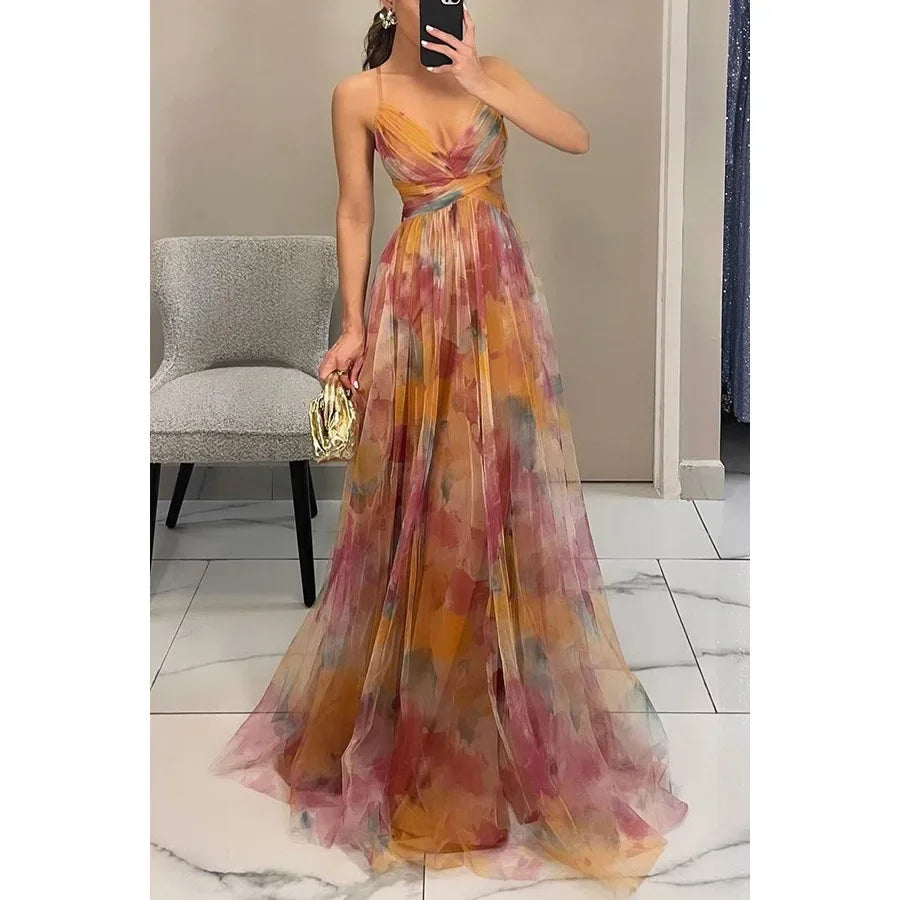 Color Mesh Spaghetti Strap Dresses Women Fashion Sexy V-neck Backless Leace-up Party Club Long Dress Female Evening Vestidos New