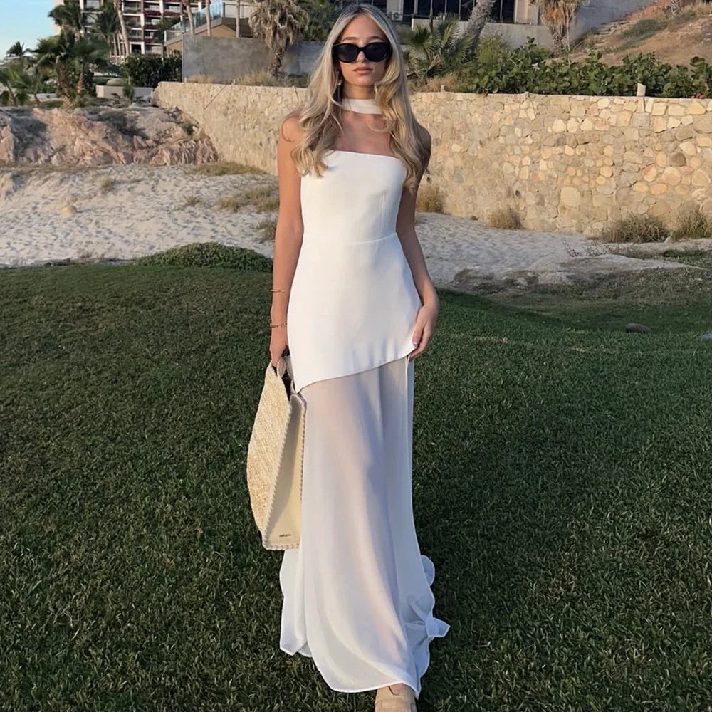 Tuularose Fashion Ribbon Long Dress Women's 2025 Summer White Backless Sleeveless Vacation Dress Elegant Slit Slim Long Dresses