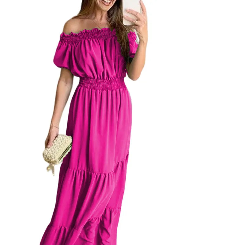 Women's Dress One-line Collar Spring And Summer Short-sleeved New Green Long Dress Fashion Casual Loose Beach Party Dresses Robe