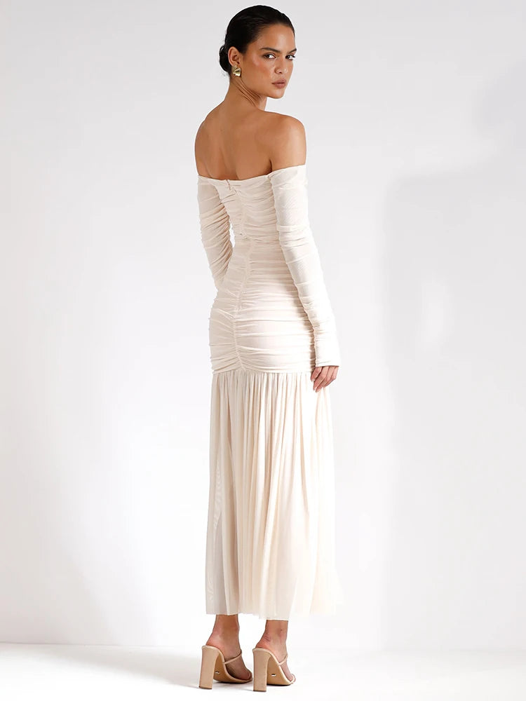 Mozision Off-shoulder Strapless Sexy Maxi Dress Women Summer New Patchwork Backless Long Sleeve Pleated Long Dress Elegant
