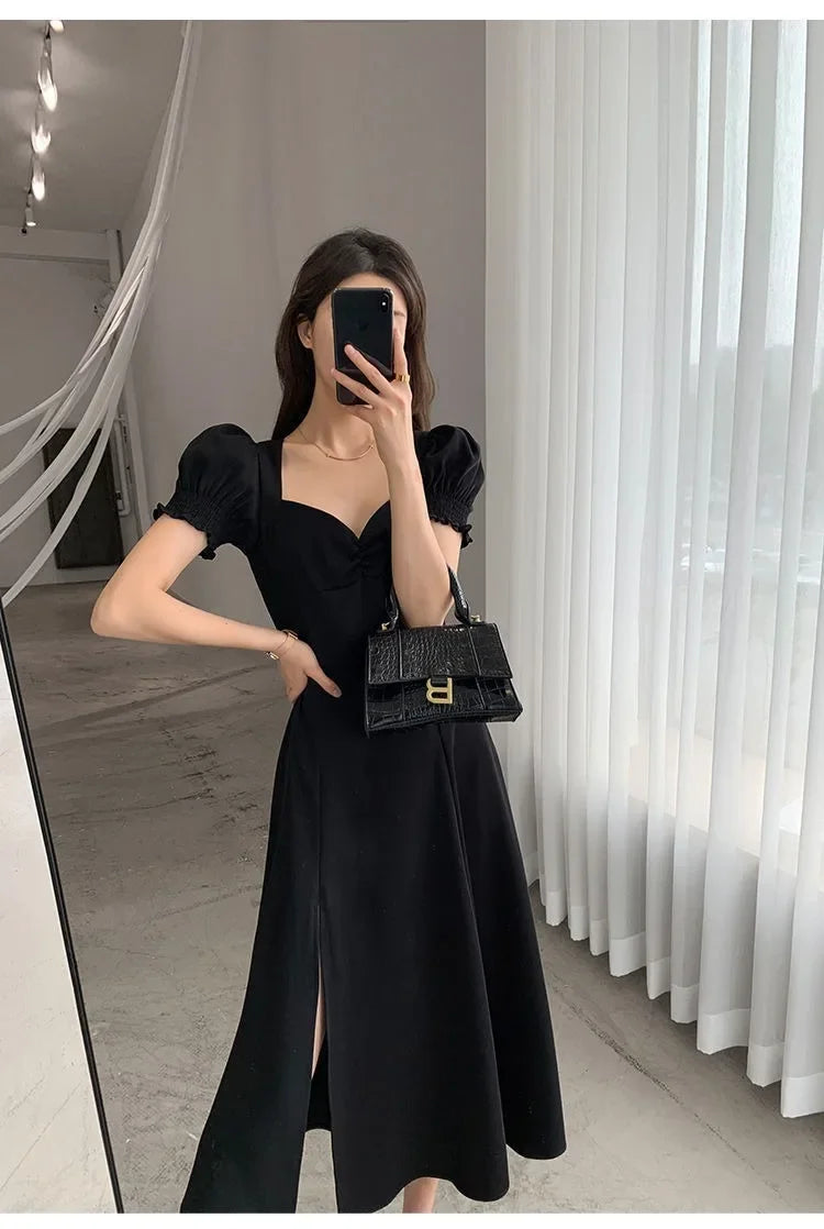Sweet Vintage French Style Women's Long Dress Summer Hot Sale Of The Season New Bubble Sleeve Square Collar A- Line Split Skirt
