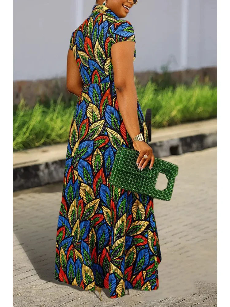Women Plus Size Dress Floral Printed Sleeveless Turn Down Collar Slim Waist Button Long Dress Elegant Casual Vintage Dresses