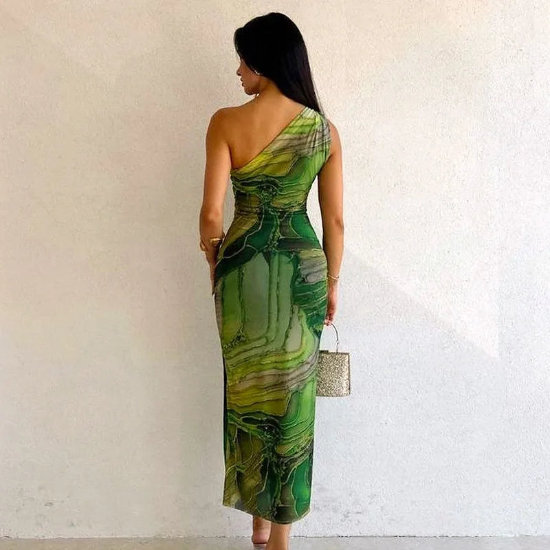 Green Print Long Dress Women Fashion One Shoulder Slim Evening Party Dresses Summer Sexy Backless Ruched Maxi Dress 2024