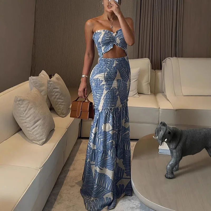 Printed Strap Pleated Long Dress Women Backless Off Shoulder Patchwork Ruffle Summer 2025 Dresses Party Vacation Chic Sexy Robe