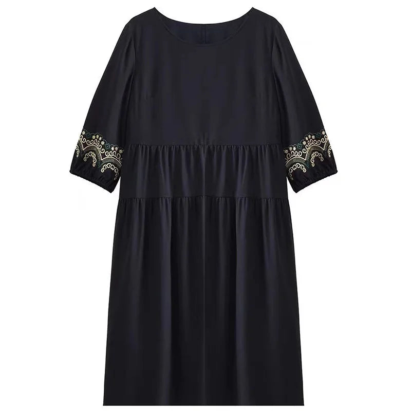 Oversized Women Vintage Long Dress Fashion Casual Spring Summer New 3/4 Sleeve Indie Folk Embroidery Big Size Pullover Midi Robe