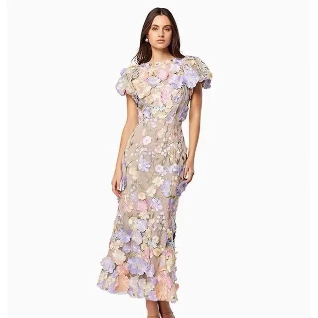 Women Long Dress Commuter Round Neck Embroidered Three-dimensional Floral Puff Sleeves Elegant High Waist Wrap The Buttocks