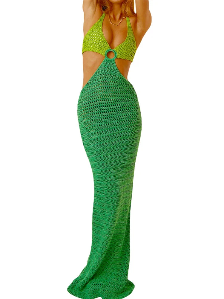 Y2K Cut Out Knitted Long Dress Women Contrast Sleeveless Halter V Neck Backless Dress Summer Bohemian Beach Sexy Dresses Female