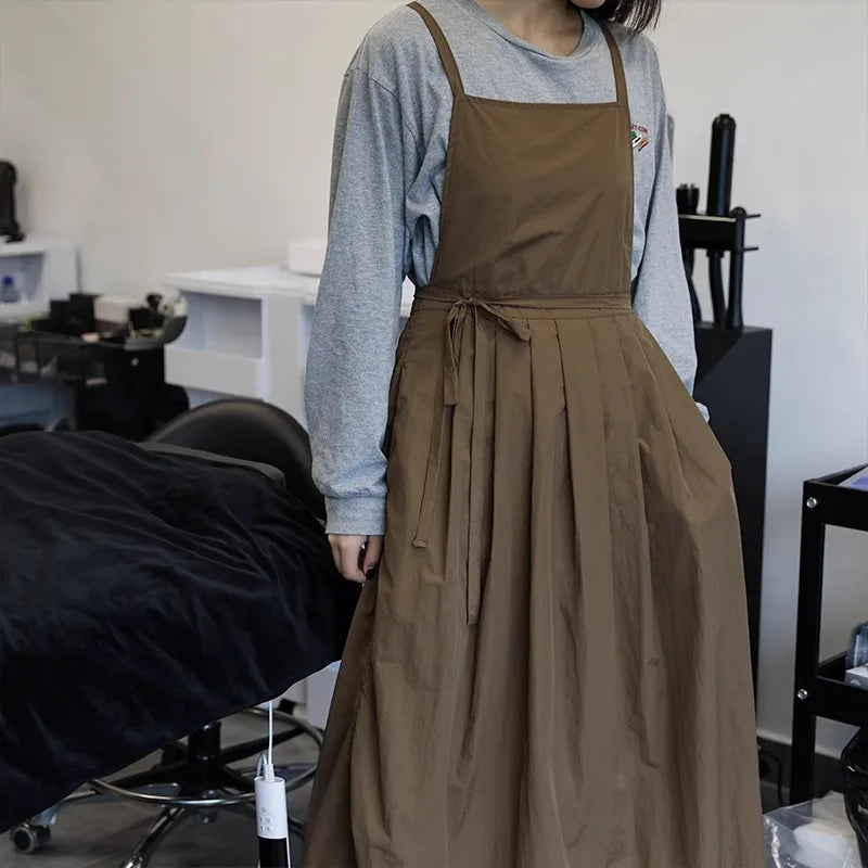 Lightweight Long Pleated Waterproof Apron with Pockets Oilproof Women Kitchen Work Apron for Beauty Nail Waiter Cooking Painting