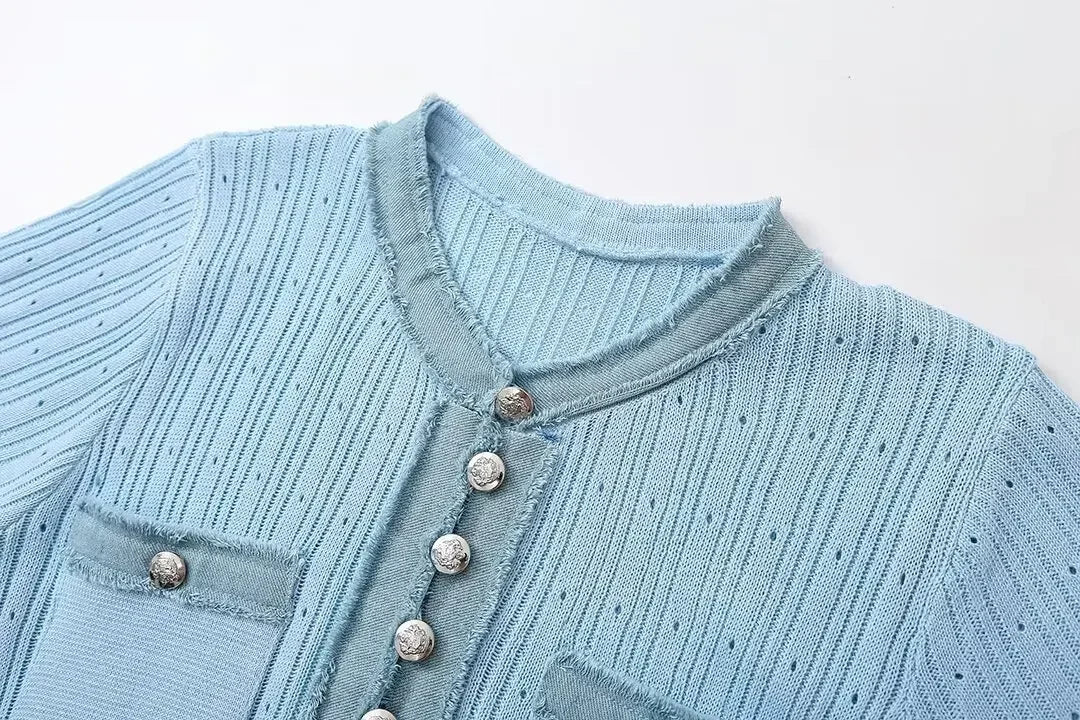 European and American style denim stitching knitted short-sleeved dress women's new high-end design long dress
