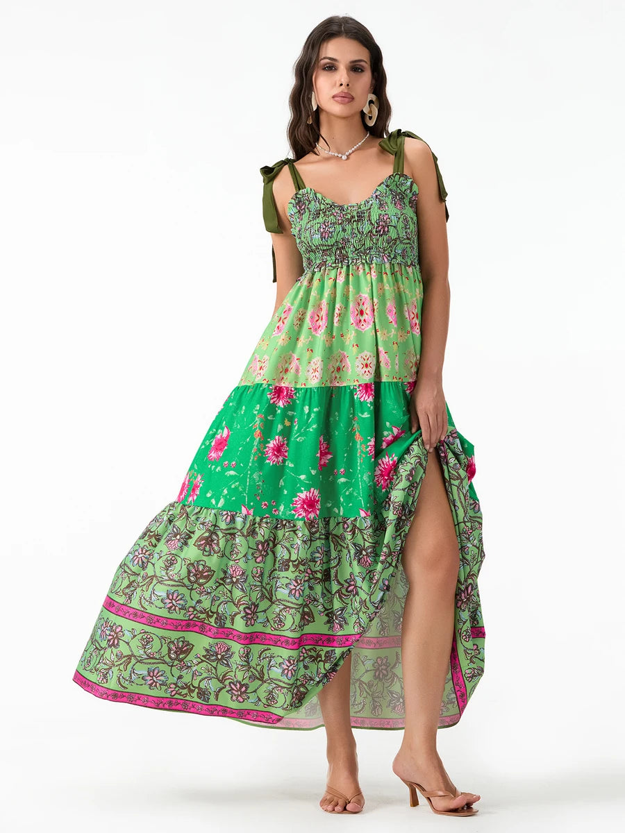 Combhasaki Women's Y2K Vintage Floral Print Ribbon Tie-Up Shoulder Straps Sleeveless V-Neck Summer Big Swing A-line Long Dress