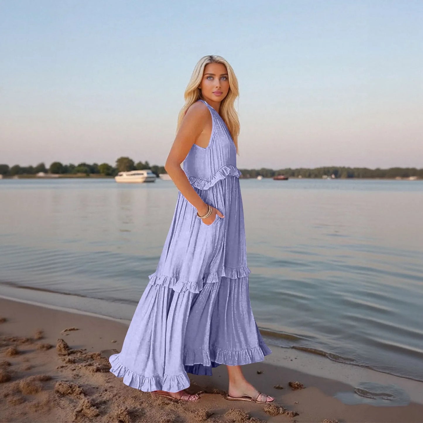 Women's Ruffled hem layered long dresses Summer Sleeveless backless dress Fashion Long Dress Big Swing Beach Dress vestidos