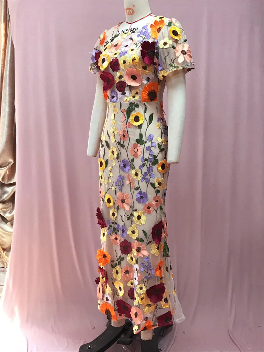 Women Long Dress Commuter Round Neck Embroidered Three-dimensional Floral Puff Sleeves Elegant High Waist Wrap The Buttocks