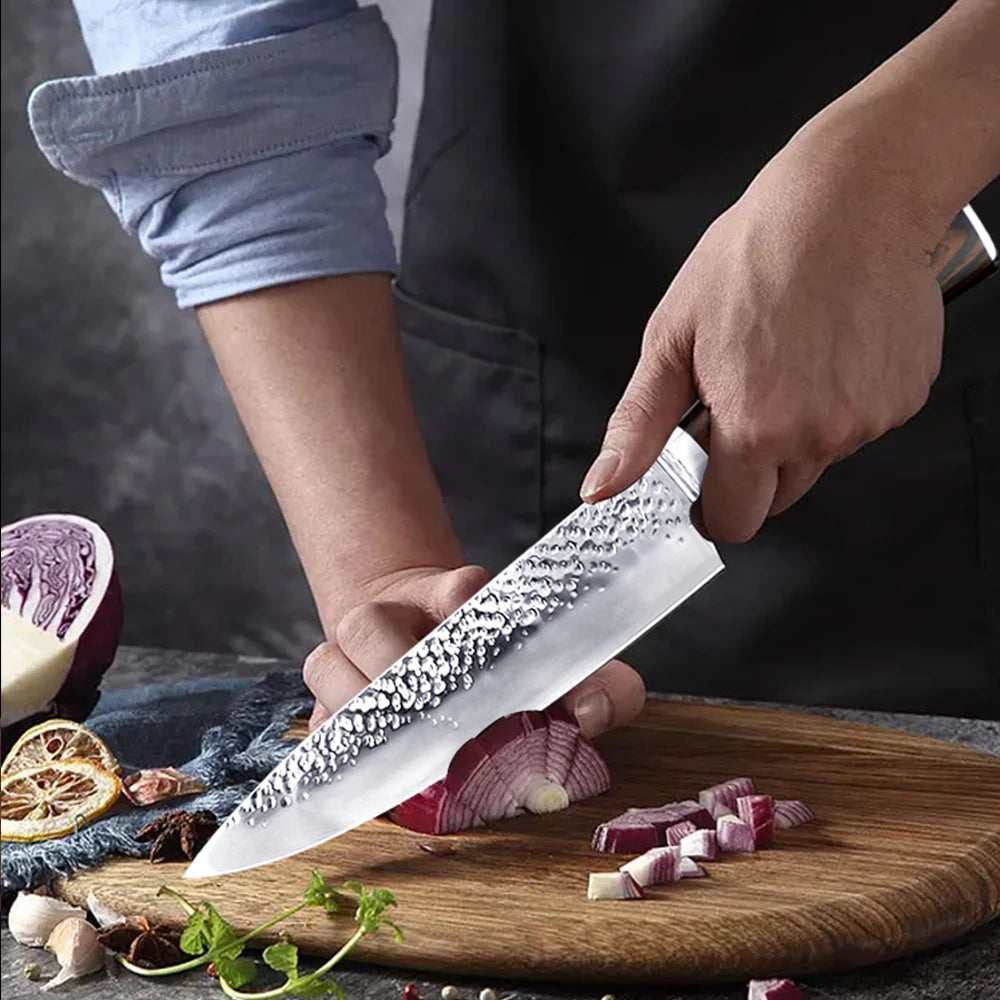 Kitchen Knives Japanese Chef Knife Set 7CR17 High Carbon Steel Full Tang Hammered Non-Stick Santoku Knifes Utility Meat Cleaver