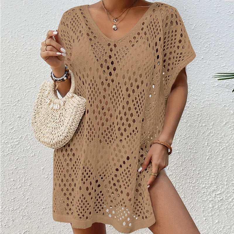 New Style Knitting Hollow Out Loose Beachwear Cover Up Women's Beach Holiday Swimsuit Sunscreen Smock Fashion Bikini Cover-Ups