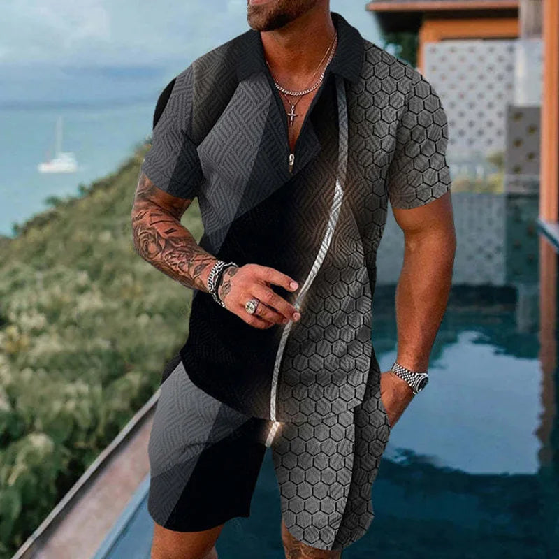 Solid Color Gradient Print Men's Sweatsuit Set Summer Casual Zipper Polo Shirt And Shorts 2pcs Sets Trend Man Pullover Clothing