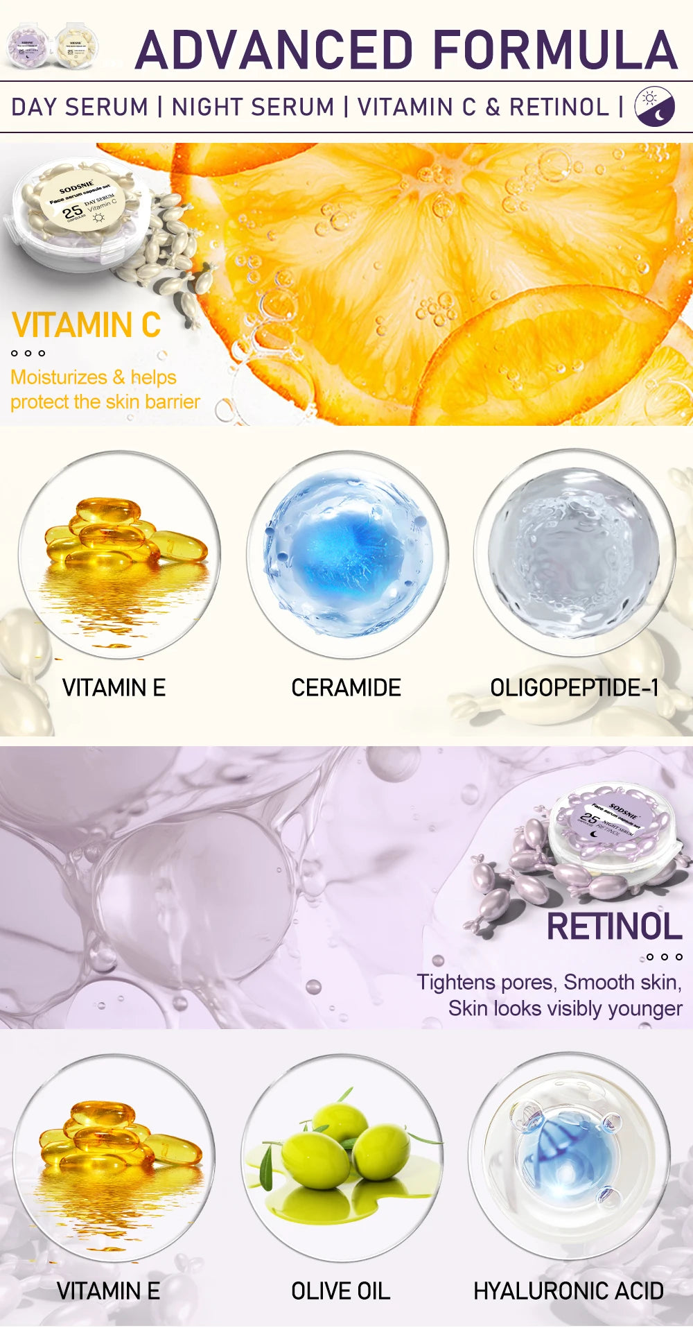 Anti Wrinkle Facial Serum Retinol Vitamin C Capsules Essence Anti-Wrinkle Firming Whitening Skin Care 50 Capsules