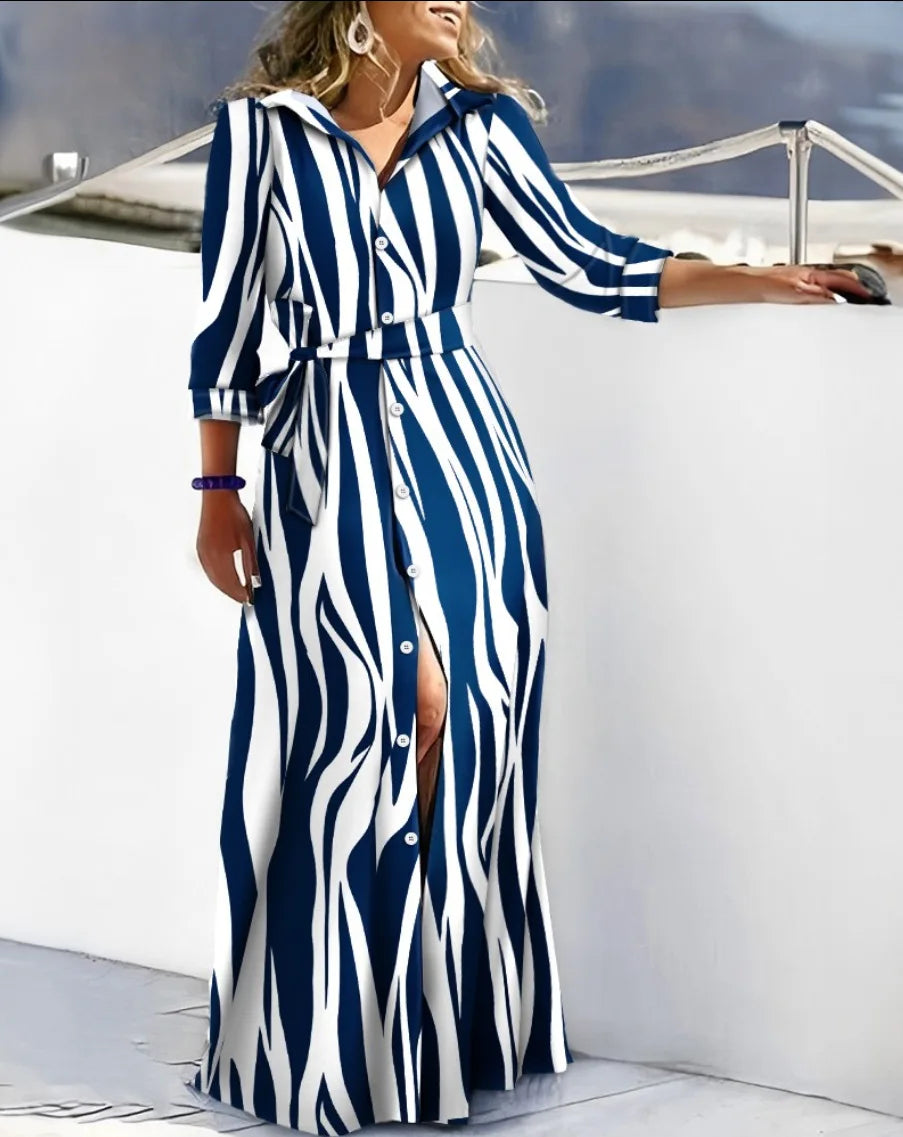 Autumn Lace-up Shirt Dresses Women Elegant Turn Down Collar Button Long Dress Women Fashion Striped Print Party Dress 2023